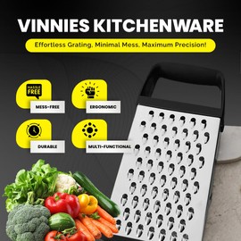 Vinnies Kitchenware 2-in-1 Stainless Steel Grater Set – Ergonomic Box Grater with Built-in Storage & Zester for Cheese, Vegetables & Ginger – Rust-Resistant, Dishwasher Safe, Easy to Use