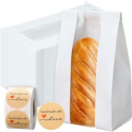 Fullhawl 250 PCS Paper Bread Bags with Window 4.7 x 3.5 x 11.8 Inch sourdough Bakery Storage Bags Tin Tie Tab Lock Kraft White Paper Bag Bakery Loaf Bag with Label Seal Stickers for Cookie Treat Snack