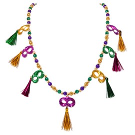 Mardi Gras Necklace Beads Necklace for Women Glitter Mask Pendant Necklace Purple Green Gold Beads Necklace Tassel Drop Dangle Necklace Mardi Gras Carnival Parade Fat Tuesday Party Jewelry (Mask Bead Necklace)