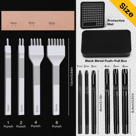 Leather Stitching Punch Hole Punch Tool Set, 5mm 1/2/4/6 Prong Punch Chisel, Round Hole Punch for Belt, Watch Band, Leather Strap DIY Crafts