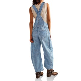 PLNOTME Womens Denim Bib Overalls Barrel Leg Adjustable Strap Jean Pants Jumpsuits with Pockets