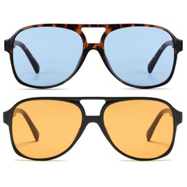 Freckles Mark Vintage Retro 70s Sunglasses for Women Men Classic Large Square Aviator Trendy Glasses (2P: Yellow & Blue/Tortoise, 60)