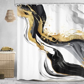 Omifly Black White Gold Marble Shower Curtain 72"W x 78"L Inch Abstract Modern Luxury Ink Texture Minimalist Gray Ombre Aesthetic Fluid with 12 Plastic Hooks Fabric Waterproof Toilet Accessories Decor