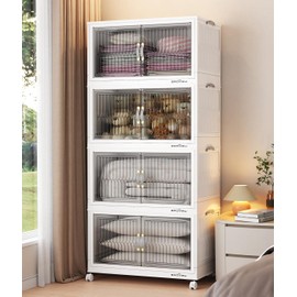 BROVIEW 320 Qt Stackable Storage Bins with Lid, Plastic Closet Organizers and Storage Drawer, Collapsible Storage Box with Wheels, Folding Storage Cabinet for Closet Clothes Organization, 4Pack White