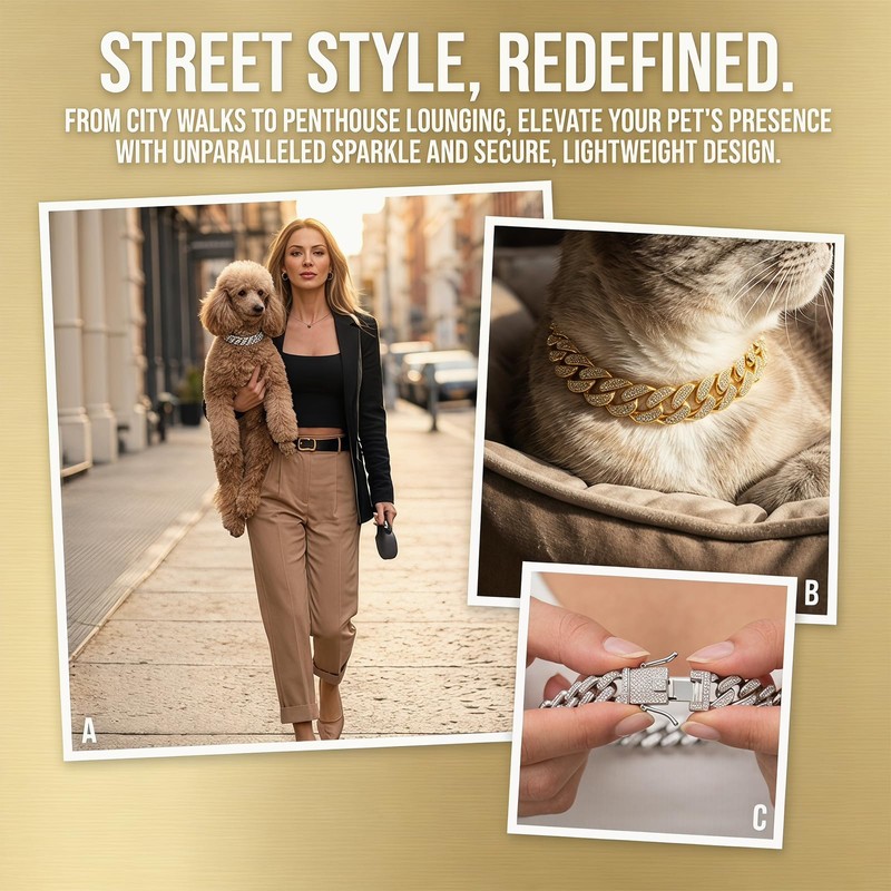 Cat Chain Collar with Diamond Rhinestones, 2PCS Cuban Link Pet