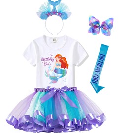 Mermaid Outfit Set – Shirt, Rainbow Tutu Dress, Satin Sash, Headband – Birthday Gifts for Girls Costume (Rainbow Mermaid 2, 9-10 Years)