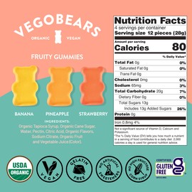 Candy People VegoBears Santa Monica Snack Packs Organic Gummy Bears, Non-GMO, Banana, Pineapple, & Strawberry Gummies Single Serve Packs 0.78 Ounce (70 Calorie Packs) (35 Pack)