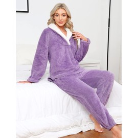 HEEKPEK Fuzzy Pajamas Set for Women Winter Warm Fluffy Loungewear Soft Fleece Pj Pants 2 Piece Plush Sleepwear Lounge Tops(Purple,M)