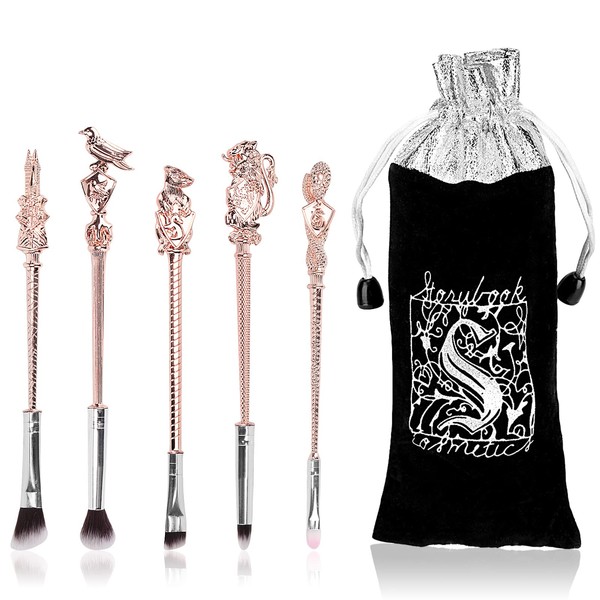 Metal Handle Makeup Brush Set, 5 Pieces Harry Potter Makeup Brush Set, Brushes with Metal Material Bag, Brush Set Makeup Wand Makeup Brush Set Girls, Gift for Girls, Women (B)