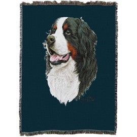 Pure Country Weavers Bernese Mountain Dog Woven Blanket Blue BG by Robert May - Cotton Tapestry Throw - Made in The USA - 72" x 54"