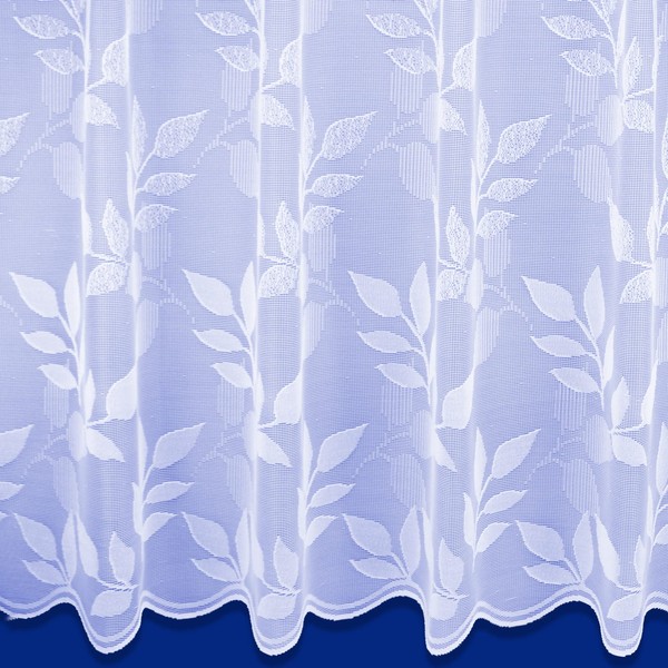 Sherwood White Net Curtain with a trailing leaf design and a scalloped bottom (Drop: 137cm 54")