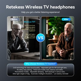 Retekess TA008 Tv Ears for Seniors, 2.4G Digital TV Headphones Wireless for Seniors, 30M, Dual Battery Combo, Independent Volume Adjustment for Left and Right Ears, for Hearing Lmpaired