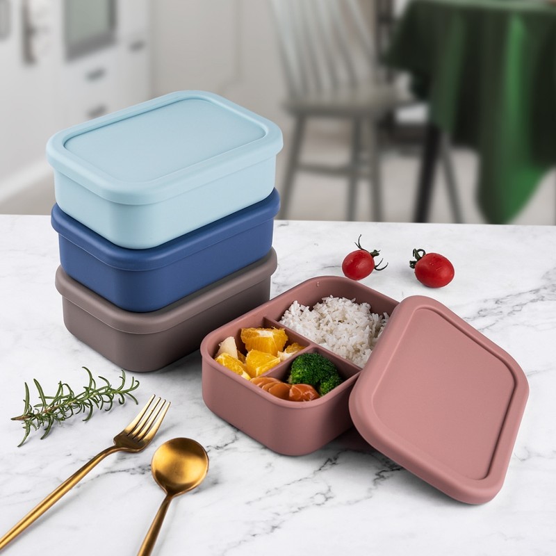 Silicone Bento Lunch Box Portable Reusable 3 Compartment Microwaveable Bento