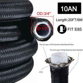 10AN 20FT PTFE Fuel Line Hose Kit,E85 Stainless Steel Nylon Braided Fuel Hose 20FT with 10PCS Swivel Fuel Hose Fitting Adapter Kit - Black