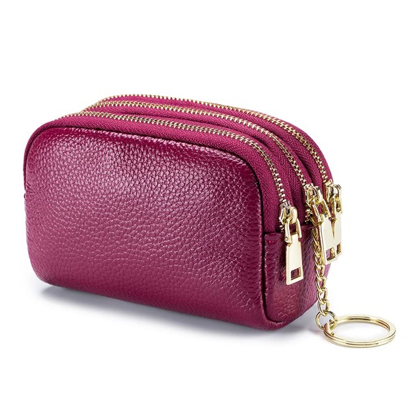 GOOPAI 3 Zippered Genuine Leather Coin Purse Triple Capacity Change
