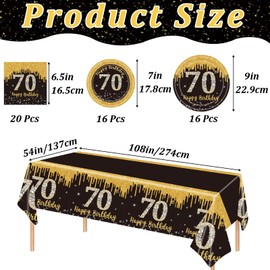 POPOYU 53Pcs Black Gold 70th Birthday Party Tableware Set,Black Gold Table Cloth,Cups,70th Birthday Plates and Napkins Sets,70thBirthday Decorations for Men Women BirthdayGifts Party Supplies