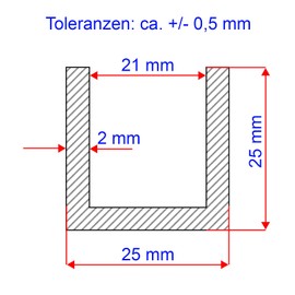 Aluminium U-profile, aluminium U-rail, aluminium profile, U-bar, blank AlMg (25 x 25 x 25 x 2 mm, length: 1,000 mm)