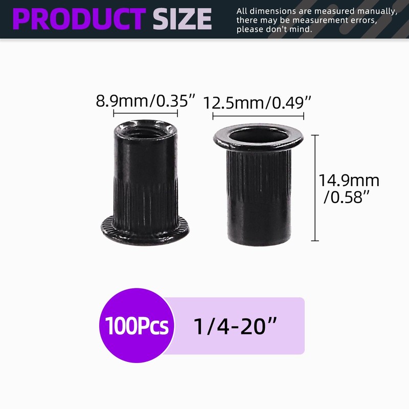 Swpeet 100Pcs Carbon Steel Rivet Nuts Kit, SAE UNC 1/4-20