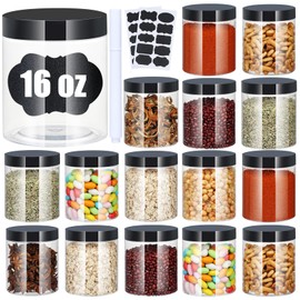 Crazystorey Plastic Jars with Lids, 16 oz Plastic Containers with Lids Clear Airtight Container Storage Jar Mason Jars for Dry Food Peanut Butter Honey Jam Cosmetics, Pack of 16 (16 PCS Black Lids)