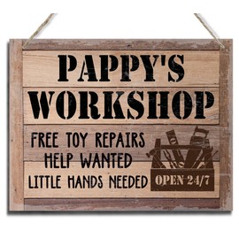 Rustic Sign, Father's Day Gift, Dad's Gift, Grandpa's Gift, Hanging Printed Wood Wall Art Sign, Pappy's Workshop Free Toy Repairs Help Wanted Little Hands Needed, Vintage Sign Gift for Grandpa
