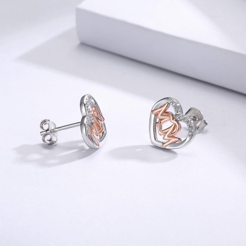 MOM Stud Earrings 925 Sterling Silver for Women - Heart