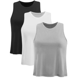 Ridshy Crop Tops for Women Workout Muscle Tank Top Cropped Loose Flowy Tank Tops Yoga Sleeveless Exercise Shirts Athletic Tanks Tennis Activewear Tops Gym Clothes 3 Pack Black/Gray/White S
