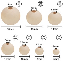 Belle Vous Set of 1000 Natural Wooden Beads for Threading - 7 Different Sizes - Round Macrame Beads with Holes - Natural Wooden Beads for DIY Projects, Jewellery Making, Home & Party Decoration