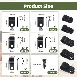 Pack of 200 Cable Clamps R-Type 5 Sizes Nylon Cable Holder Kit with 200 Pieces Screws Cable Clamps for Screwing R Type Cable Clip for Cable Attachment, Wire Management (Black)