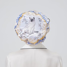 LONGDONG HOMEONE Shower Caps For Women Reusable Waterproof,Satin Lined Large Shower Cap With Adjustable Drawstring Elastic,EVA,1 Pack(Frame the cat)