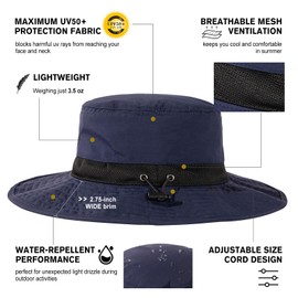 Mens Wide Brim Mesh Sun Hat XL XXL SPF UV Boonie Bucket Summer Golf Hiking Safari Fishing Extra Large Size 8 24" Blue Navy