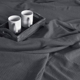 BOUTIQUO 100% Cotton Bed Blanket, Breathable Thermal Blanket Full - Queen Size, Soft Honeycomb Waffle Blanket 90"x90", Cotton Bed Blanket, Perfect for Layering Any Bed for All Season, Charcoal Grey