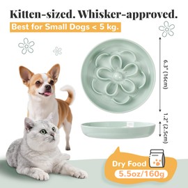 Melamine Cat Slow Feeder Bowl - Floral Maze Cat Food Dish - Flat Plate for Dry & Wet Food - Cute Kitten Bowl - Dishwasher Safe - 6.3'' W x 1'' H - 5.5 oz (160g) - Green