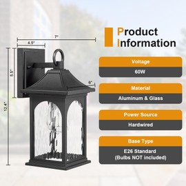 Starcurin Outdoor Lighting Fixtures Wall Mount, 12.8 Inch Black Exterior Light Fixtures with E26 Sockets & Water Ripple Glass, Waterproof Outside Porch Lights for House (1 Pack)