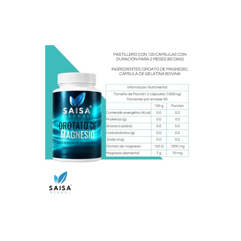 SAISA HERBAL Orotato de Magnesio 100% Puro, 120 Cápsulas |
