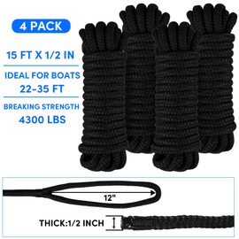 Dock Lines Boat Ropes for Docking 1/2" x15' Double Braided Mooring Marine Rope Boat Lines for Docking, Dock Lines for Boats with Loop, Boating Rope Boat Lines Black 4 Pack