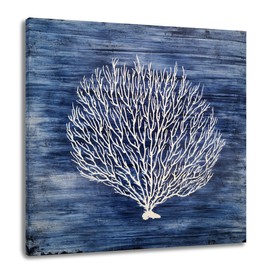 Yihui Arts Navy Blue Canvas Wall Art Hand Painted White Coral Painting Modern Abstract Tree Pictures Coastal Artwork for Bedroom Living Room Bathroom Decor