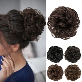 JJstar Dutt, Haarteil, groß, lockig, gewellt, Haargummi, Naturhaar, falsch, elastisch, für Frauen und Mädchen (dunkelbraun)