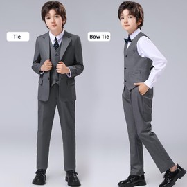 Boys Gray Suit for Wedding Dress Kids Tuxedo Suits Size 10 Big Boy Jacket Vest and Pants Set Formal Wear Graduation Outfit with White Shirt Bowtie