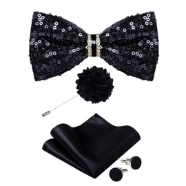 DiBanGu Sequin Bowtie for Men Solid Adjustable Pre-tied Bow Tie & Pocket Square Cufflinks Set for Party Wedding Shiny Bowtie, Black