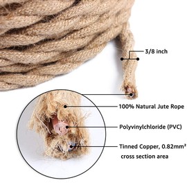 25ft Rope Covered Lamp Twisted Wire,PRUNLLA Vintage 18/2 Industrial Electrical Hemp Rope Cord,18-Gauge Antique Style for Retro Lamp,DIY Projects