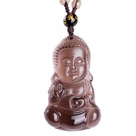 HLbshi Natural black obsidian rainbow obisidan ice obsidian Maitreya launghing buddha necklace Amulet pendant bead chain (Ice obsidian baby buddha)