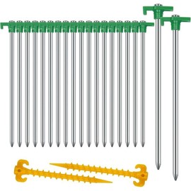 12PCS Tent Stakes Heavy Duty Camping Stakes, 7 Inch Non-Rust Metal Tent Pegs Ground Stakes Tent Spikes Camping,Garden,Hiking Orange (Orange 12pcs) - Color: Green 20+2PCS