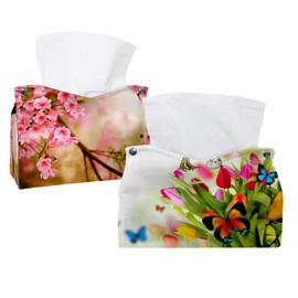 2 Pack Tissue Box Cover Holder, Spring Flowers Butterflies Tulips Rectangle Leather Tissue Case, Decorative Organizer for Tabletop, Bathroom, Car, Office