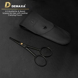 DEMAXA Professional Mustache Scissors with 1 Mustache Comb, 1 Beard Comb & Soft Pouch – 4.5" Round Tip Safety Scissors for Nose Hair, Ear Hair, Mustache, Beard Trimming – Best Facial Hair Scissors
