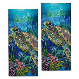 Sea Turtle Hand Towels - 2 Pack, 14.5" X 28", Soft Microfiber Polyester Bath Towel Set with Ocean Coral Reef, for Bathroom Kitchen Spa Hotel Decor Gifts for Women