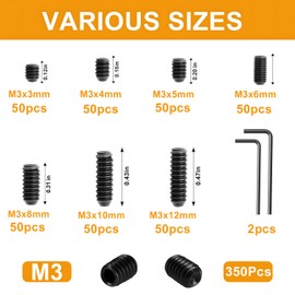 Zmbroll M3 Black Headless Grub Screws,350Pcs M3x3/4/5/6/8/10/12mm Set Screws,Allen Head Screw,Socket Head Cap Screws 12.9 Class Alloy Steel Fastener with Internal Hex Drive Assortment Kit