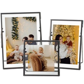 Set of 3 Glass Pressed Flowers Frame, Vintage Gunmetal Gray Floating Picture Frames Collection 4"x4", 4"x6", 5"x7" Metal Tabletop Standing Glass Floating Picture Frame Home Decor Artwork Photo Display