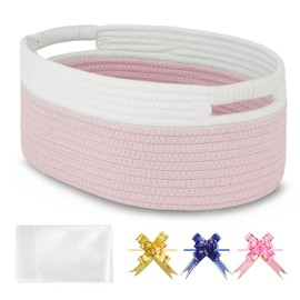 BOSROTY Small Woven Basket with Gift Bags and Ribbons, Empty Baby Gift Baskets, Shelf Storage, Small Cat Dog Pet Toy Boxes, 13”x 9”x 5.5”, Light Pink