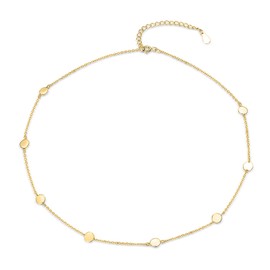 BHUBREA 925 Sterling Silver Choker Necklace for Women Round Disc Station Necklace Adjustable Thin Chain 14K Gold Plated Dainty Coin Station Jewelry for Her 14+2 Inch