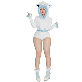 Mobbunny Women's Anime Cosplay Costume Fluffy Romper Onesie Pajamas White Blue Furry Hooded Bodysuit Bodycon Sleepwear